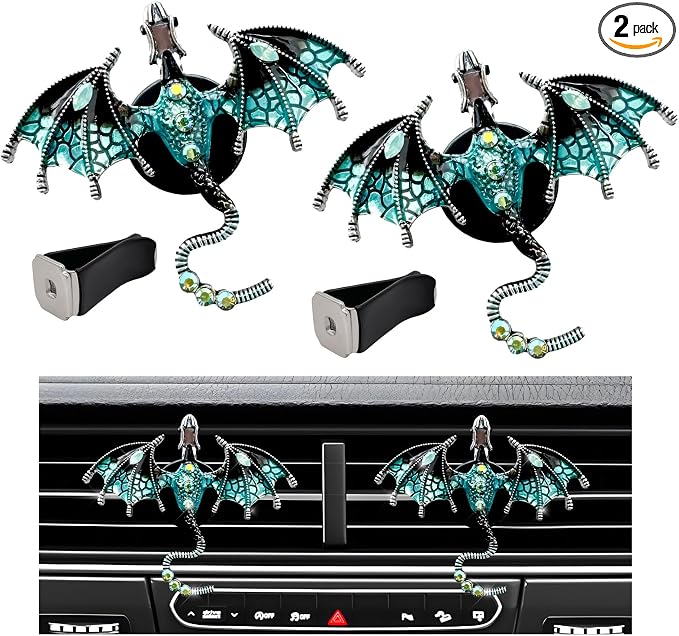 2PCS Bling Wyvern Car Air Freshener Vent Clips, Alloy Enamel Dragon Auto Outlet Clips with Fragrance Tablets, Refillable Cute Flying Dragon Crystal Vent Clip Aroma Diffuser (Blue)