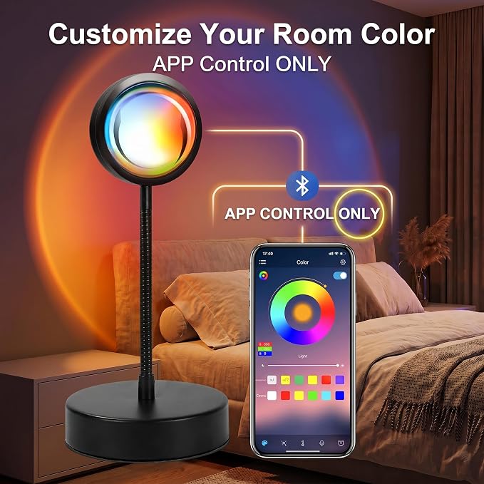 JIMEI Sunset Lamp Projector - Led Lights for Bedroom, RGB Sunrise Lamp, 10w, 360 Rotation, Mood Lighting, Home/Room Decor, Gifts for Women, Desktop APP Control