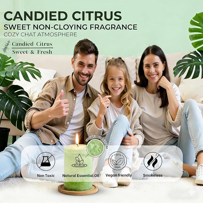 4 Pack Candied Citrus Scented Pillar Candles,Natural Essential Oils,60H Long Burning,Non-Toxic Smokeless Candles for Home Decor,Aromatherapy to Stress & Anxiety Relief,Daily Relaxation(2.8x4in)