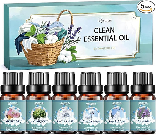 Laundry Essential Oils Set, Diffusers Oils for Home, Clean Fragrance Scents Blends for Humidifiers, Candle Soap Making, Including Clean Home,Blossom Soap,Lavender,Fresh Linen,Fresh Cotton,Lemongrass