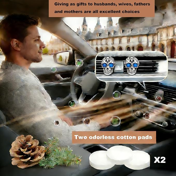 Gothic Skull Car Air Freshener Vent Clips with 2 Pads, Halloween Scented Car Accessories for Men Women, Automotive Interior Decor and Cool Car Fresheners for Men， Spooky Gift Idea-A5