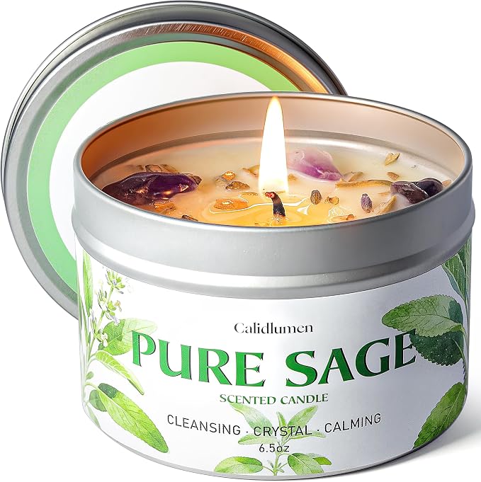 Pure Sage Candle for Cleansing - Soy Scented Candle with Crystals & Sage Leaves Inside, House Negative Energy Kit, Spiritual Gift for Women 6.5 oz