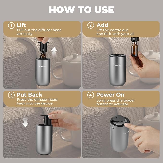 HAUSHOF Waterless Essential Oil Diffuser for Home & Car, Smart Aromatherapy Scent Diffuser with Auto On/Off, 3 Mist Levels & 3 Color Lights, Rechargeable Portable Design, Premium Silver Metal Finish