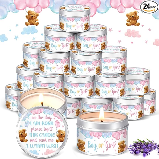 MTLEE 24 Pcs Gender Reveal Bear Baby Shower Party Favors Candles Lavender Scented Baby Shower Favors for Guests Rustic Tealights Candles Gender Reveal Return Gifts (1.2 oz, Blue and Pink)