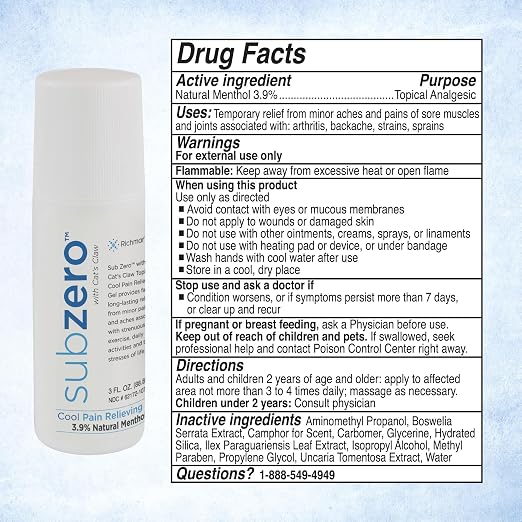 Sub Zero Cooling Pain Relief Gel, 3oz Roll-On - Joint Relief and Nerve Pain Relief Cream for Muscle Deep Pain Relief, Back Pain Relief Products
