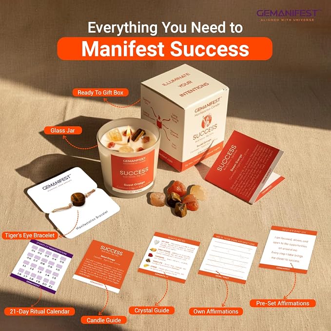 Success Manifestation Crystal Candle with Tigers Eye Bracelet for Career Business Exams Interviews Orange Scented Soy Wax for Motivation Gifts for Students Entrepreneurs and Goal Setters