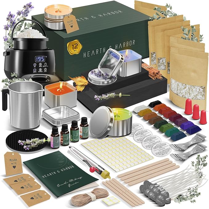 Hearth & Harbor Organic Soy Candle Making Kit for Adults, DIY Crafts, Complete Candle Making Supplies Include Natural Soy Wax, Tins, Electric Pot, Scents, Wicks & More – Gift Idea, Home Decor – 12 Lbs