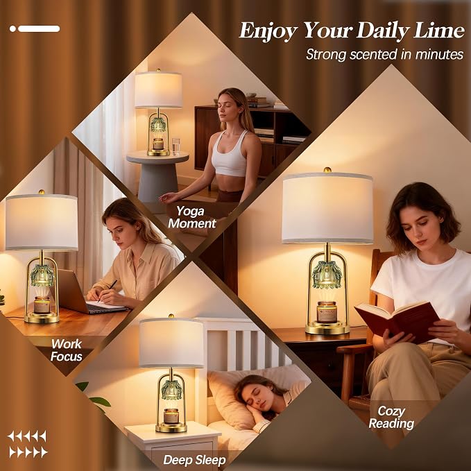 QiMH Candle Warmer Lamp with Timer Dimmer, Modern Table Lamp Wax Warmer for Scented Wax Jar, Glass Lamp Candle Warmer with 2 Bulbs, Women Gifts, House Warming Gifts, Home Decor, Brushed Gold Green