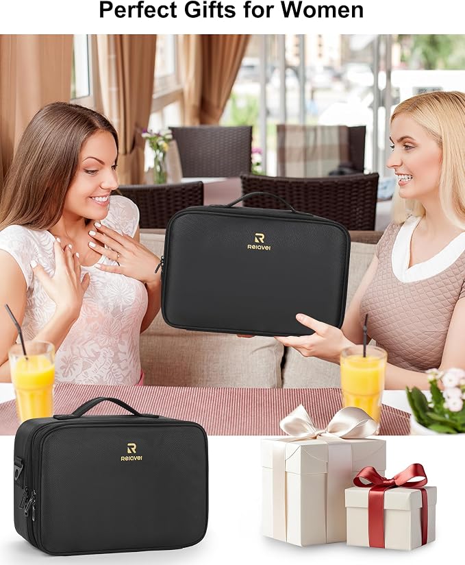 Relavel Makeup Bag Train Case for Women Travel Cosmetic Organizer with Adjustable Dividers and Brush Compartment, Large Storage Box for Cosmetics, Toiletries, Nail Polish, Jewelry, Electronic (Black)