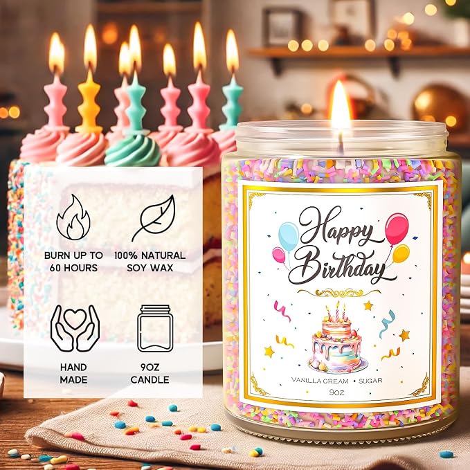 VEGISHINE Birthday Candles Gifts for Women, Birthday Gifts for Women Men, 9 oz Happy Birthday Candle with Vanilla Birthday Cake Scent, Women Friendship Ideas