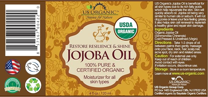 US Organic Jojoba Oil, USDA Certified Organic,100% Pure & Natural, Cold Pressed Virgin, Unrefined, Haxane Free, Sourced from Middle East Directly (Medium (4oz, 115ml))