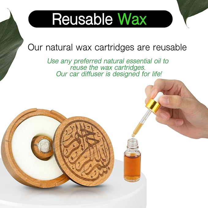 Islamic Inspired Car Diffuser - Natural Wood and Natural Wax Cartridge - Engraved with Bismillah Al Rahman Al Rahim – Includes Two scents (Lavender & Lemon) - Reusable with Essential Oils (Round)