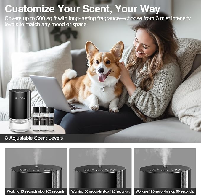Waterless Essential Oil Diffuser Stater Kit - Included 3x20mL Essential Oils, Battery Operated, Cold Air Scent Diffuser for Home, Car, Office, Portable Diffuser with 7-Color Light, 100mL, Black