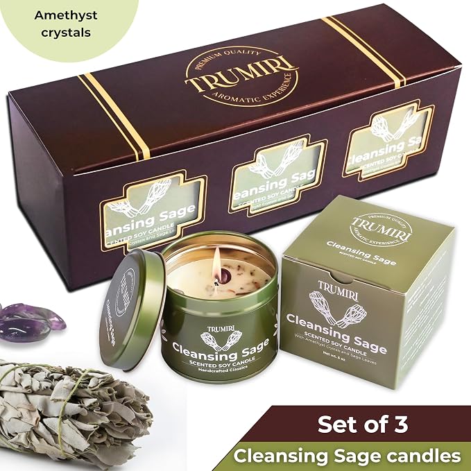 Sage Candle for Cleansing House Negative Energy - Pack of 3 x 5oz Soy Wax Natural Clean Organic Non Toxic - Aromatherapy Spiritual Meditation Gifts - Long Lasting Highly Scented Candel with Crystals