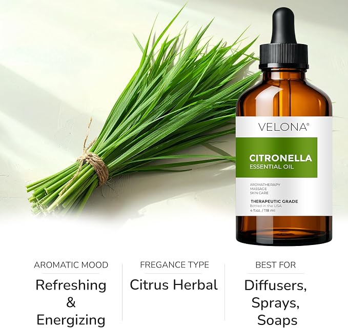 Citronella Essential Oil by Velona - 4 Fl Oz | Therapeutic Grade 100% Pure and Natural | for Aromatherapy Diffuser, Massage, Skincare, Haircare, Soapmaking | Undiluted and Multipurpose in Glass Bottle
