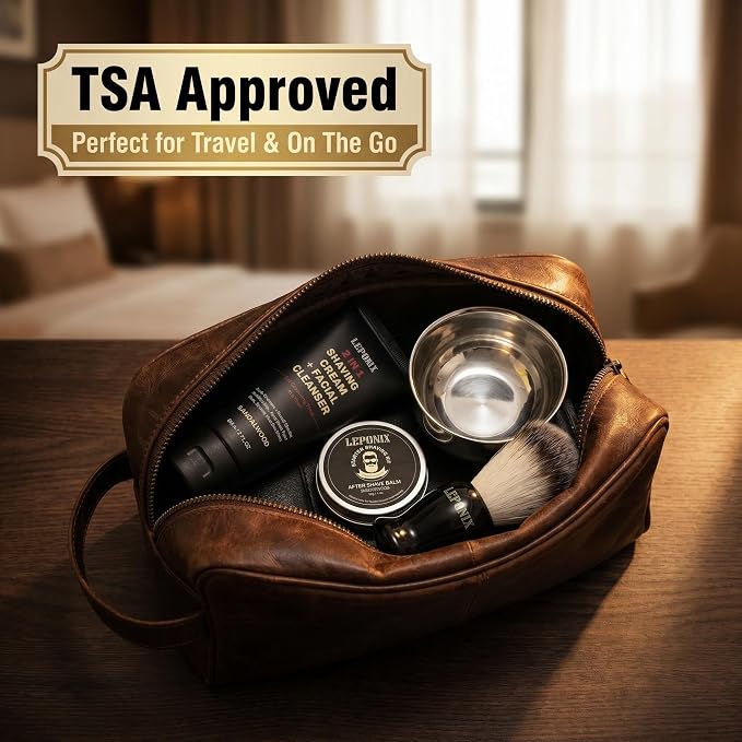 Shaving Kit, TSA Approved Travel Size Grooming Set - 60ml 2-in-1 Facial Cleanser & Shaving Cream, Shaving Brush and Bowl & 30g Solid Aftershave Balm, Gift Set for Men Boyfriend Stocking Stuffers