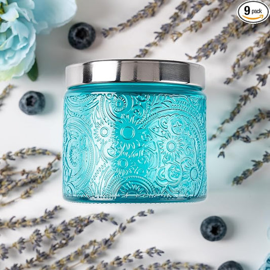 10 oz Blue Sun Moon Stars Candle Jars with Metal Lids, 9 Pack | Patented Embossed Design, Includes Wick Centering Devices & Warning Labels, Multiple Color Options