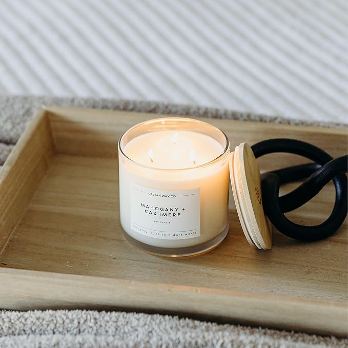 Calyan Wax Co. Mahogany & Cashmere 3 Wick Scented Candle - 43 Hour Burn - Luxury 3 Wick Soy Candles - Clean Soy Wax Candles - Long Lasting Large Glass Jar Candle for Home - 14.9oz
