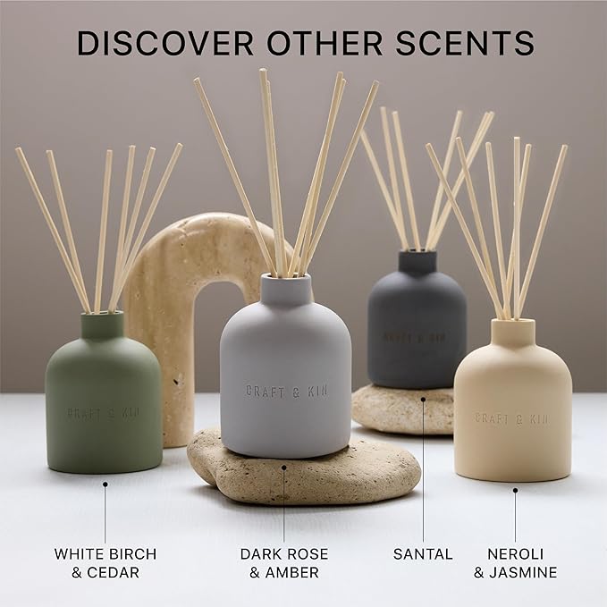 Craft & Kin Neroli & Jasmine Reed Diffuser – Earthenware Collection, 6.7 oz – Alcohol-Free Essential Oil Diffuser for Home & Bathroom – Long-Lasting Fragrance Sticks – Ceramic Room Decor