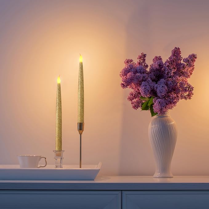 FURORA LIGHTING Flameless Gold Glitter Taper Candles, Amber Flicker, 6/18 Timer, Battery Operated — Ideal for Home décor and Holiday displays.