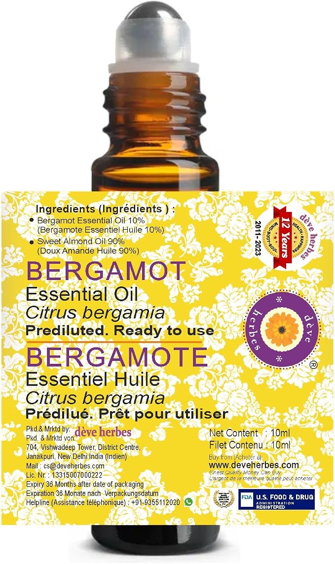 Deve Herbes Bergamot Essential Oil (Citrus bergamia) Pre Diluted Ready to Use Roll-on Blend for Aromatherapy and Topical Skin Application for Kids and Adults 10ml (0.33 oz)