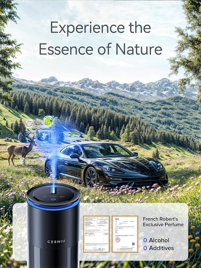 Ceeniu Smart Car Air Freshener, New Car Smell Scent, Enlarged Spray Nozzle, Advanced Ultrasonic Diffuser CF12 Pro, Auto On/Off, Adjustable Mode, 60-Day Powerful Battery, Ambient Light, Lasts 4 Months