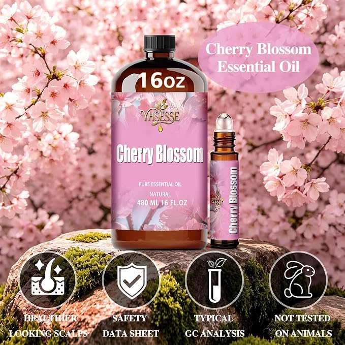 Cherry Blossom Essential Oil, Cherry Blossom Oil 16 Fl Oz 480ml for Diffuser Yoga Soap & Candle Making – with 0.33 Oz Roller Ball & Funnel YHSESSE Essential Oils