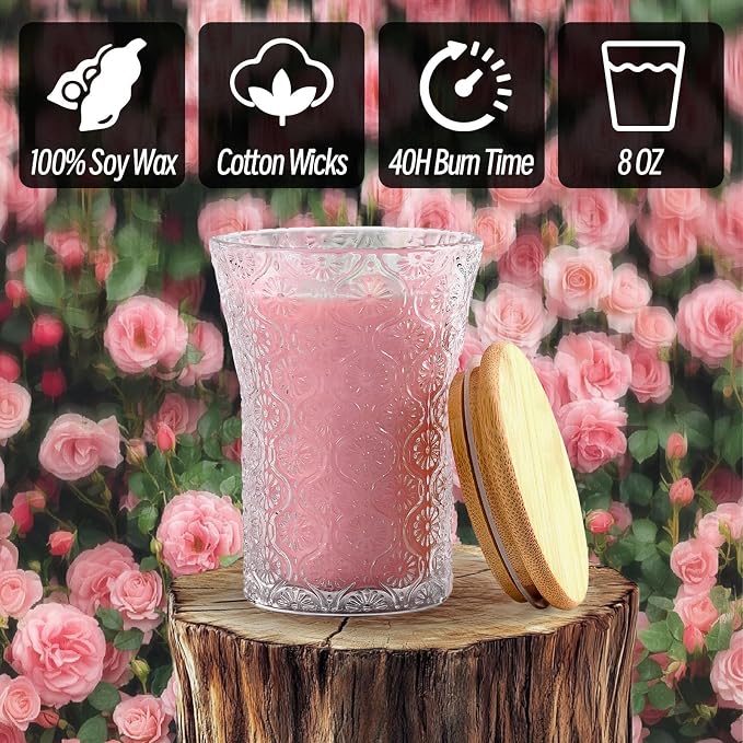 HAVITI Rose Scented Candle, Soy Jar Candles Gift Women,8 OZ Aromatherapy Pink Candles for Galentines Valentines Mother's Day, Bridal Shower, Home Decor
