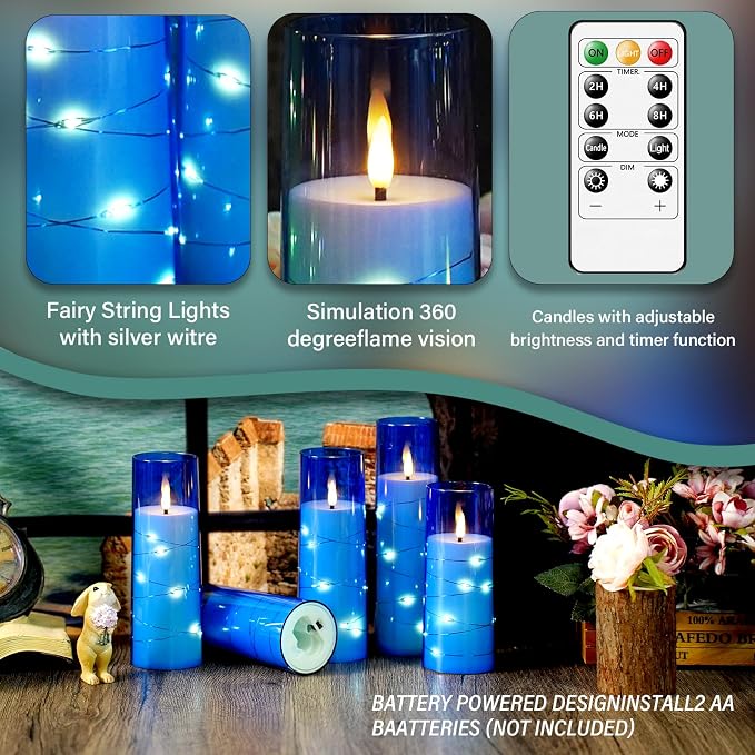 kakoya Flameless LED Candles with Timer 5 Pc Flickering Flameless Candles for Romantic Ambiance and Home Decoration Stable Acrylic Shell,with Embedded Star String，Battery Operated Candles（Blue）