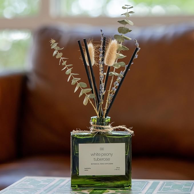 Craft & Kin Premium Mayan Copal Reed Diffuser – 3.4 oz Natural Essential Oil Diffuser for Home & Bathroom – Long-Lasting Fragrance with Rattan Scent Sticks – Green Glass Room Decor