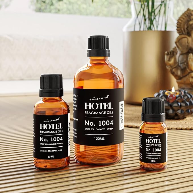 AirScent Hotel Diffuser Oil No. 1004 - White Tea Oakmoss Vanilla - 10 mL | Premium Hotel Fragrance Oil for Ultrasonic and Waterless Diffusers and Crafting - Glass Dropper Bottle