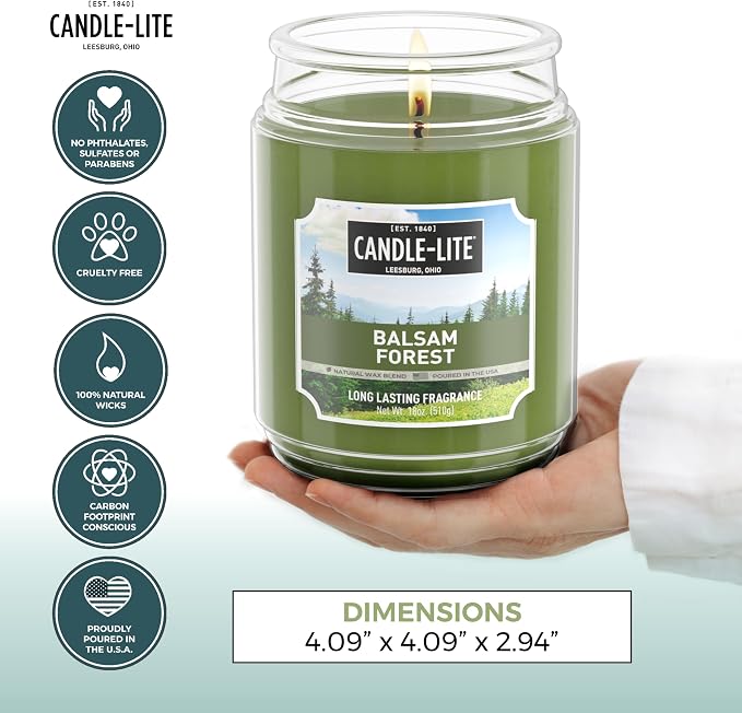 Candle-lite Fall Scented Candles, Balsam Forest Fragrance, 18 oz Jar, Proudly Poured in USA, Aromatherapy Candle, Single-Wick with 110 Hours of Burn Time, Perfect for Creating a Refreshing Ambiance