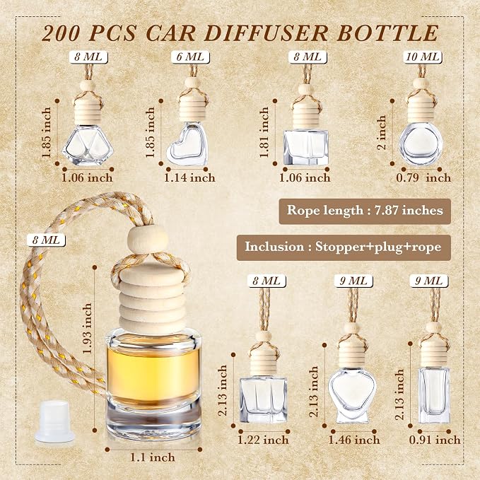 BBTO 200 Pcs Hanging Car Diffuser Bottles Bulk, 8 Styles Empty Glass Air Freshener Bottles with Wooden Cap for Perfume Essential Oils Fragrance Aromatherapy Ornament
