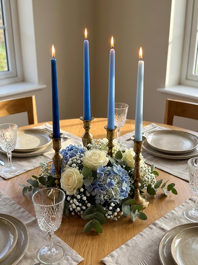 10" Classic Taper Candles, Blue Shades, 12-Pack, 7-8 Hours Long Burning, Unscented Tall Candlesticks