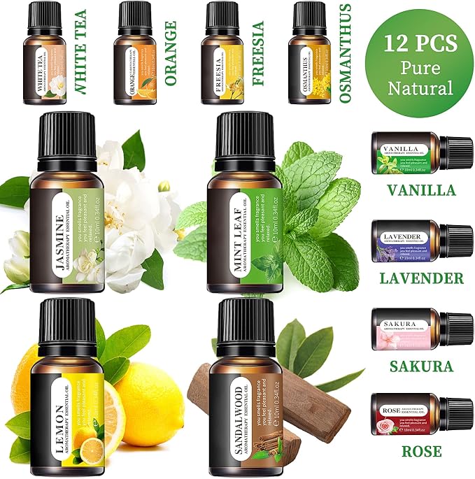 Essential Oils Set, 12 Scents, 10 ML Bottles, Lavender, Lemon, Rose, Jasmine, Vanilla, Sandalwood and More, for Humidifiers, Diffusers, Aromatherapy