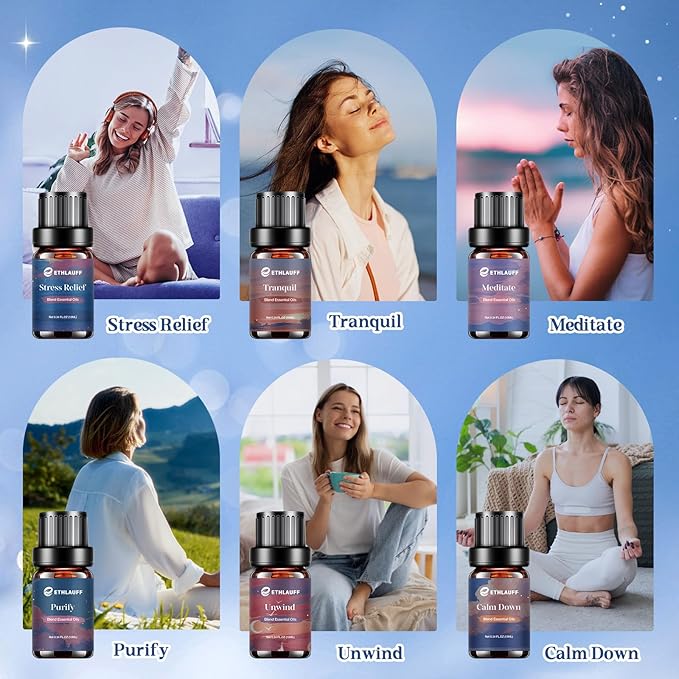 Relax Eessential Oils Set, Diffuser Oil for Home, Humidifiers, Candle Making, Aromatherapy - Stress Relief, Calm Down, Tranquil, Meditate, Unwind, Purify, 6x10ml