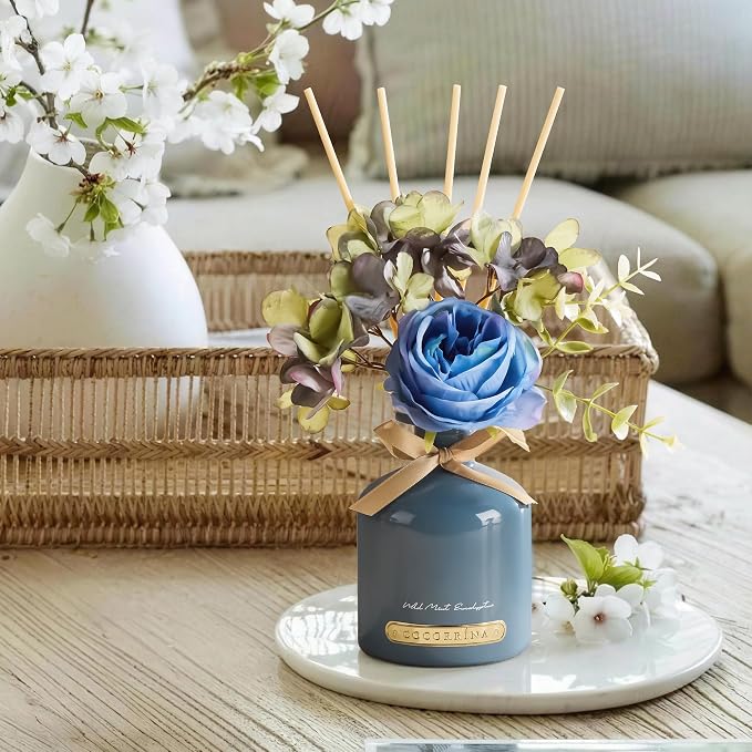 COCORRÍNA Reed Diffuser Set, 6.7oz Flower Reed Diffuser with Sticks,Wild Mint & Eucalyptus Essential Oil, Long Lasting Home Fragrance for Bathroom, Bedroom & Shelf Decor, Aesthetic Gift for Women