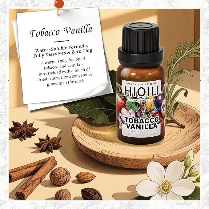 HIQILI Tobacco Vanilla Fragrance Oil, Refill for Diffusers & Humidifiers, Hotel-Grade Scent, Suitable for Home Use - 0.34 Fl Oz