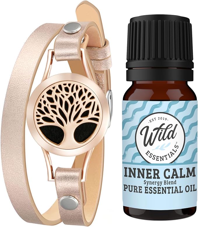 Wild Essentials Rose Gold Tree of Life Diffuser Wrap Bracelet Kit – Adjustable 5"–7.5" Leather + 316L Stainless Steel Locket, 12 Color Pads (17mm) – Includes Inner Calm (1 x 10ml)