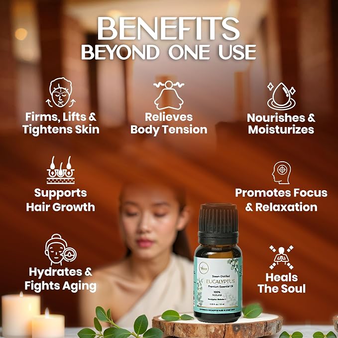 My ACE Eucalyptus Essential Oil 0.33 Fl Oz - Pure & Natural - Premium Grade for Aromatherapy, Diffuser, Skin, Hair, Massage, Candle & Soap Making, Home - Glass Bottle with Dropper - Long Lasting Scent