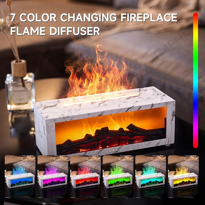 TMEHM Fireplace Flame Air Diffuser Humidifier,7 Colors Aromatherapy Essential Oil Diffuser,Ultrasonic with Timer for Home,Bedroom,Office,Yoga (White Marble)