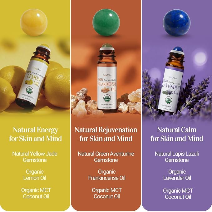 3PC Essential Oils Gift Set - Frankincense Lemon Lavender - Pure 100% USDA Organic - Skin Scalp Hairline Roots Nails Breathwork - Temple Chest Wrist - Natural Stone Roller Amber Glass Bottle Gift Box