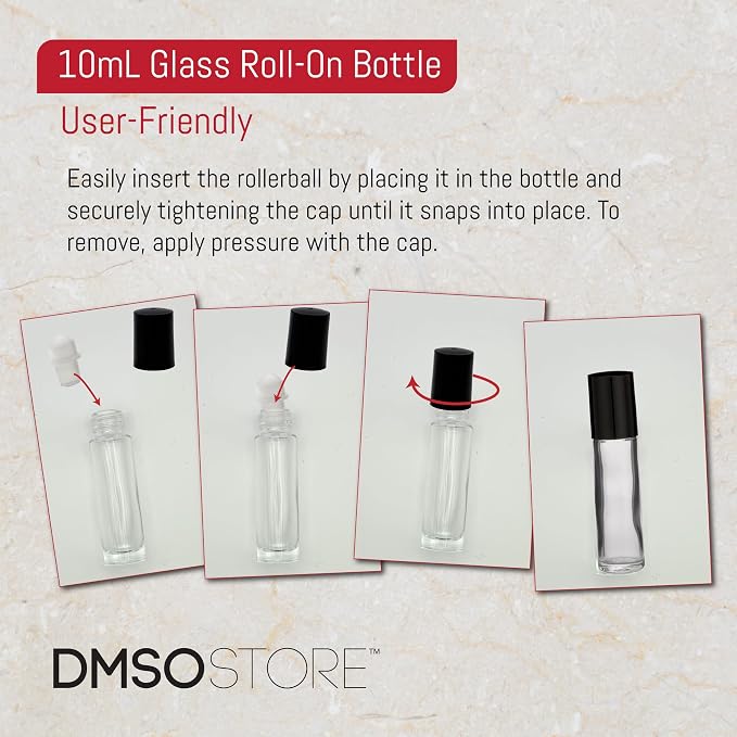 DMSOSTORE 12 Glass Roll-on Bottle 10ML - Convenient Refillable Design, Durable Plastic Cap, Smooth Roller for Essential Oils, Perfumes, and Aromatherapy