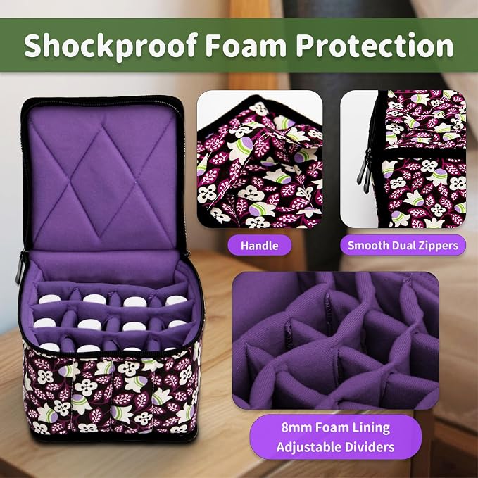 Weljoy Essential Oil Case 13 Bottle Organizer for 30ml 50ml 100ml 115ml 8oz, Travel Bag with Adjustable Dividers Foam Padded for Aromatherapy Roller Dropper Bottles (Bellwort, 5.9x5.9x5 in)
