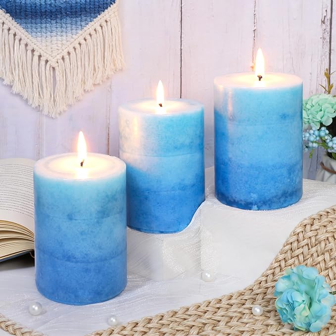 3x4 Inche Pillar Candles Ocean Scented Aromatherapy Candles Long Lasting Burn Blue Mottled 3-Layered Candles for Home Scented, SPA, Restaurant, Set of 3, Immeiscent