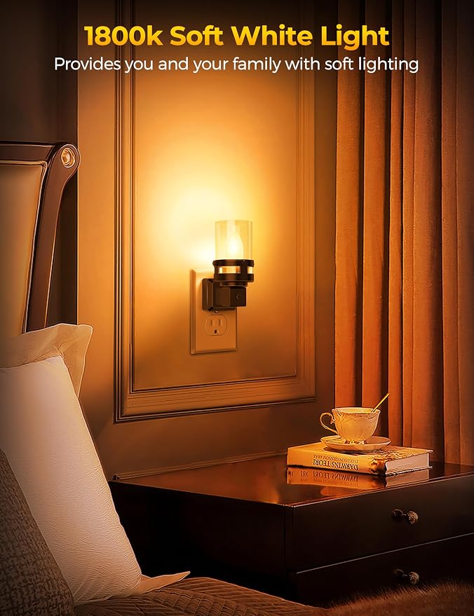 Briignite Candle Night Light Plug in [2 Pack], Amber Night Lights Plug into Wall, LED Night Light with Dusk to Dawn Light Sensor, 1800K Amber Candle Nightlight for Kids Hallway Bathroom Bedroom