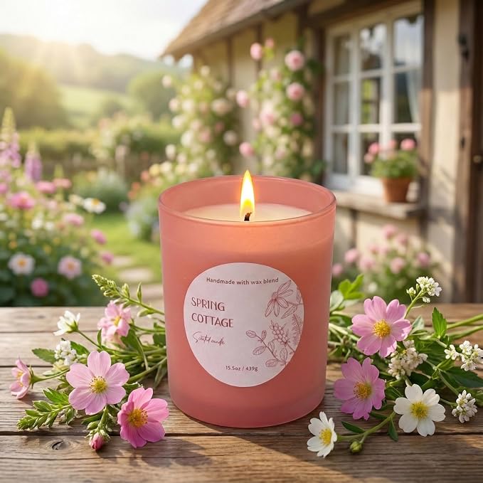 Spring Cottage Scented Candle 15.5oz – CW Studio Color Glass Jar — Hand-Poured Soy & Paraffin Wax – Clean Burn, Smokeless, Up to 30 Hours, Home Decor & Gift Giving