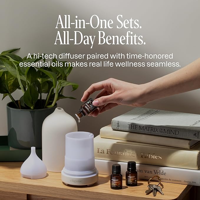 Cliganic Serenity Essential Oils Starter Kit with Diffuser Set for Aromatherapy, Home & Office (White)