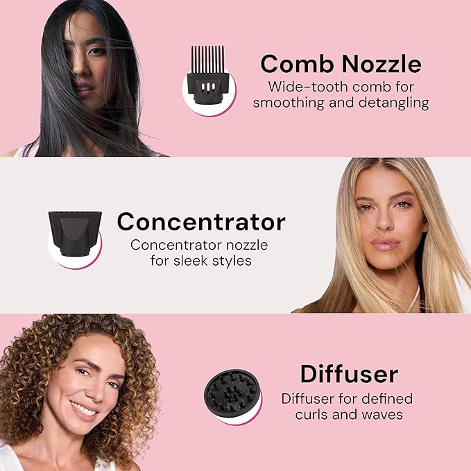 L'ANGE HAIR PowerStyle Turbo Ionic Hair Dryer | 1875 Watt Professional Blow Dryer with Diffuser & Concentrator | Multiple Heat & Speed Settings for Fast Drying | Salon-Grade Styling Tools, Blush