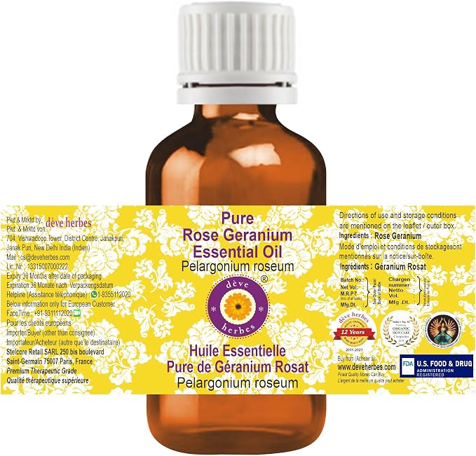 Deve Herbes Pure Rose Geranium Essential Oil (Pelargonium roseum) Steam Distilled 15ml (0.50 oz)